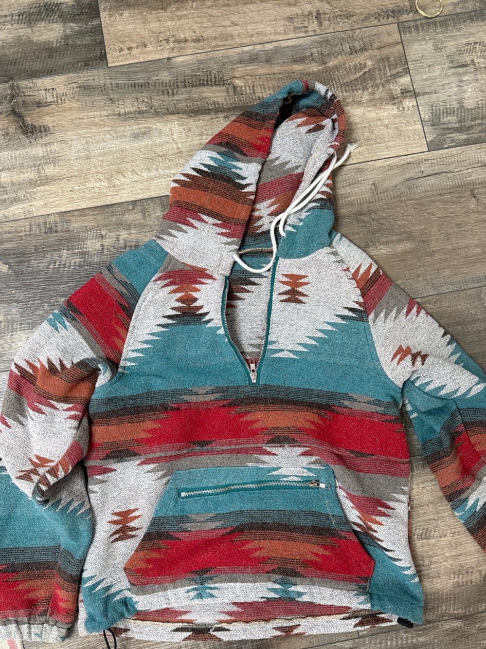 Southwestern Cowl Neck Pullover Hoodie in Teal, Red & Brown